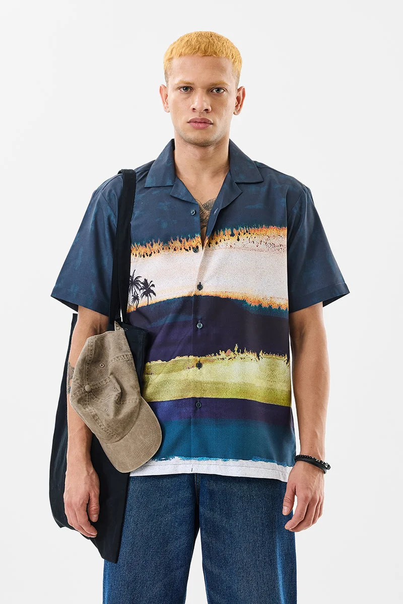SNITCH Box Fit Printed Navy Blue Shirt